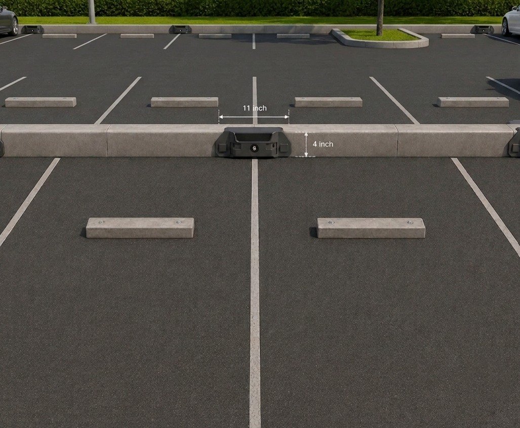 Marked parking bays with kerbside sensors set out on the bay line