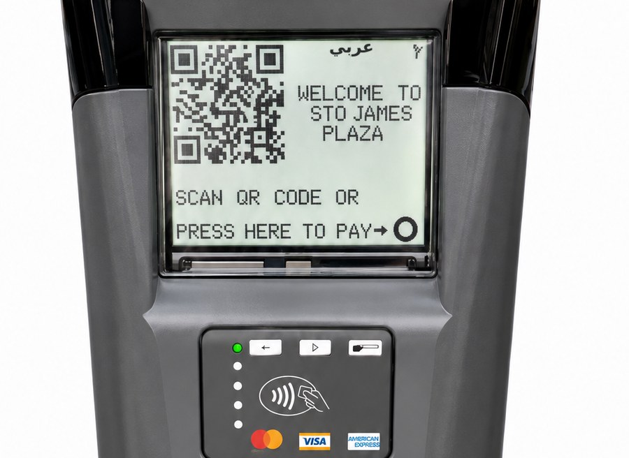 Kerbside pay station head showing QR code, contactless reader and card acceptance